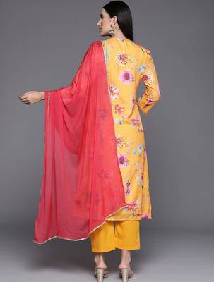 Floral Printed V-Neck Empire Anarkali Kurta with Trouser & Dupatta 6