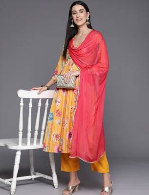 Floral Printed V-Neck Empire Anarkali Kurta with Trouser & Dupatta 7
