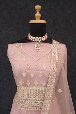 Lavender embroidered net semi-stitched anarkali suit 3