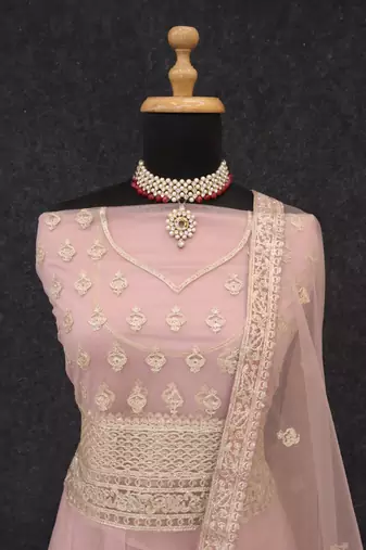 Lavender embroidered net semi-stitched anarkali suit