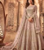 Rose gold embroidered net semi-stitched anarkali suit