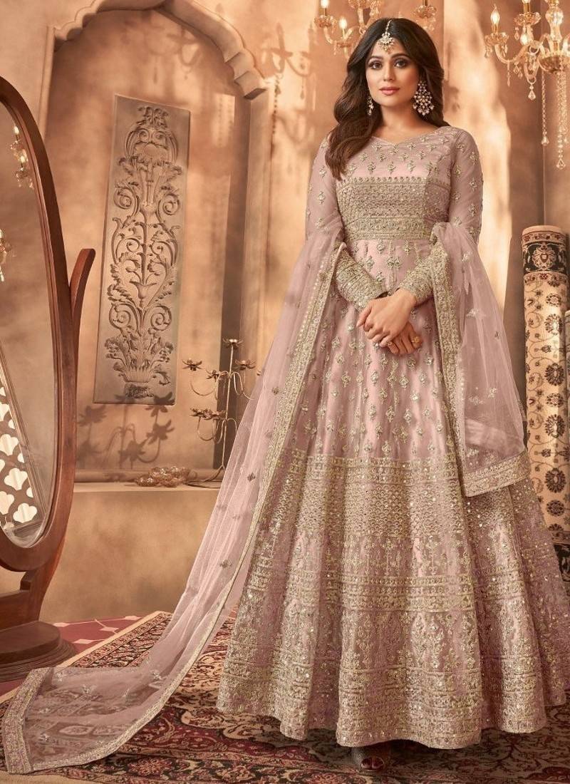 Rose gold embroidered net semi-stitched anarkali suit