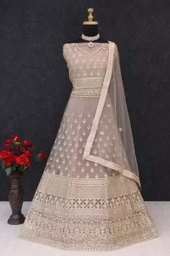 Rose gold embroidered net semi-stitched anarkali suit
