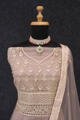 Rose gold embroidered net semi-stitched anarkali suit 3