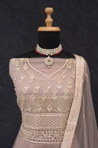 Rose gold embroidered net semi-stitched anarkali suit