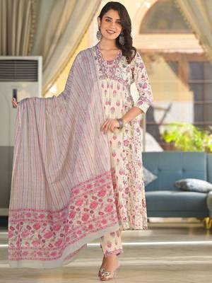Floral Printed Empire Thread Work Pure Cotton Kurta with Trouser & Dupatta 1