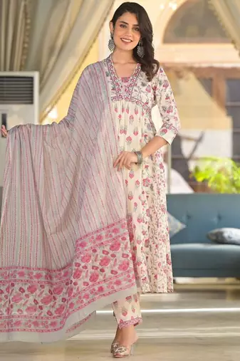 Floral Printed Empire Thread Work Pure Cotton Kurta with Trouser & Dupatta