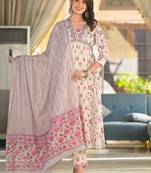 Floral Printed Empire Thread Work Pure Cotton Kurta with Trouser & Dupatta