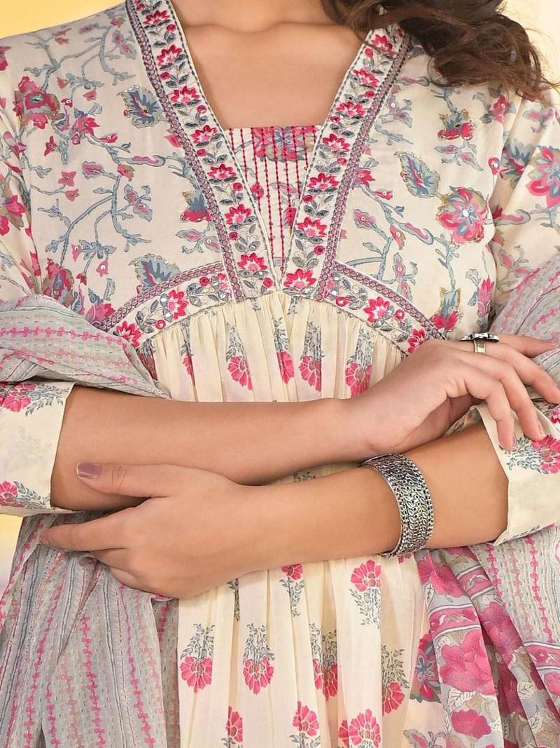 Floral Printed Empire Thread Work Pure Cotton Kurta with Trouser & Dupatta