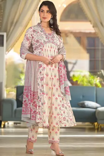 Floral Printed Empire Thread Work Pure Cotton Kurta with Trouser & Dupatta