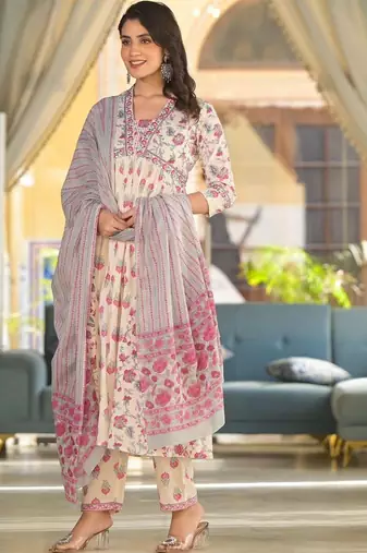 Floral Printed Empire Thread Work Pure Cotton Kurta with Trouser & Dupatta