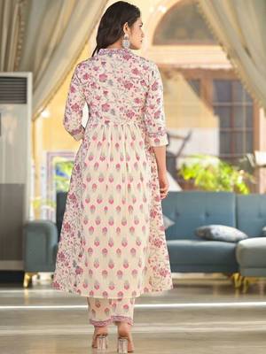 Floral Printed Empire Thread Work Pure Cotton Kurta with Trouser & Dupatta 5