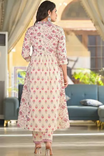 Floral Printed Empire Thread Work Pure Cotton Kurta with Trouser & Dupatta