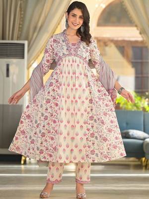 Floral Printed Empire Thread Work Pure Cotton Kurta with Trouser & Dupatta 6