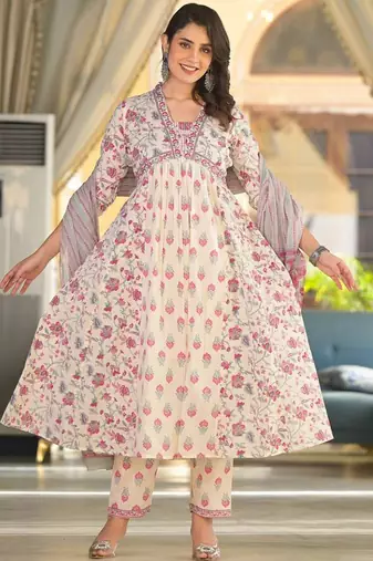 Floral Printed Empire Thread Work Pure Cotton Kurta with Trouser & Dupatta
