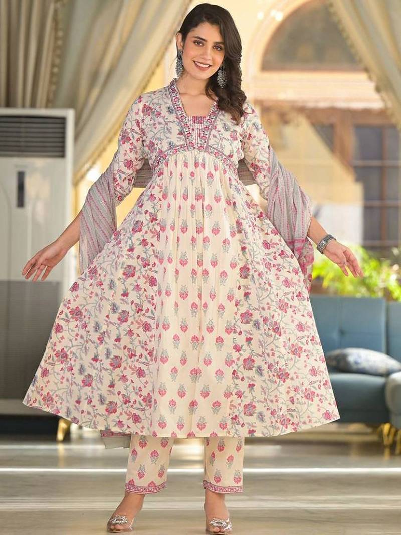 Floral Printed Empire Thread Work Pure Cotton Kurta with Trouser & Dupatta