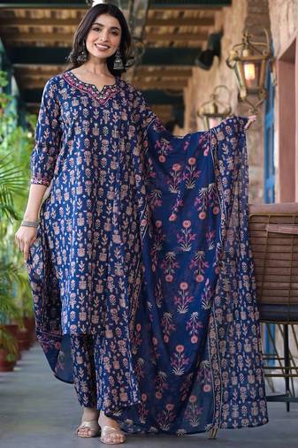 Floral Printed Regular Thread Work Pure Cotton Kurta with Trouser & Dupatta