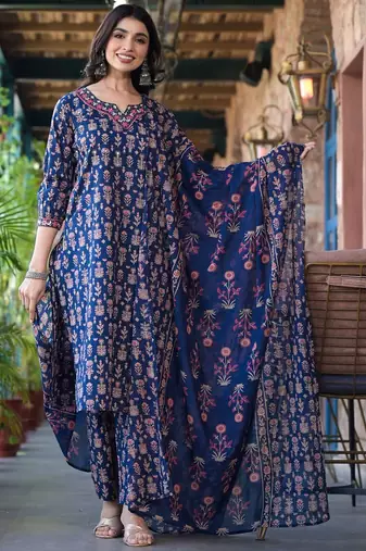 Floral Printed Regular Thread Work Pure Cotton Kurta with Trouser & Dupatta