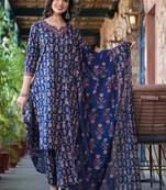 Floral Printed Regular Thread Work Pure Cotton Kurta with Trouser & Dupatta