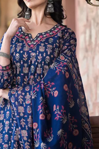 Floral Printed Regular Thread Work Pure Cotton Kurta with Trouser & Dupatta