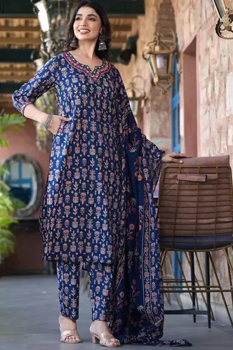 Floral Printed Regular Thread Work Pure Cotton Kurta with Trouser & Dupatta