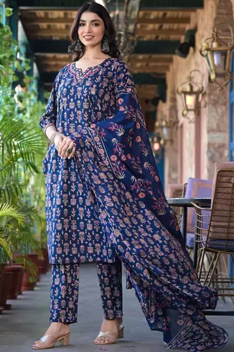 Floral Printed Regular Thread Work Pure Cotton Kurta with Trouser & Dupatta