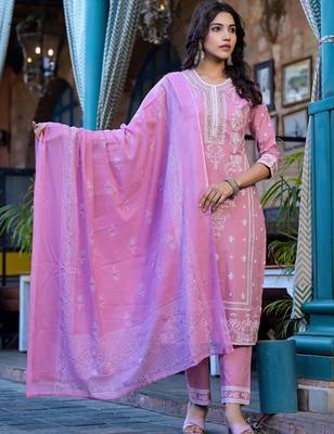 Floral Printed Regular Miirror Work Pure Cotton Kurta With Trouser & Dupatta 1