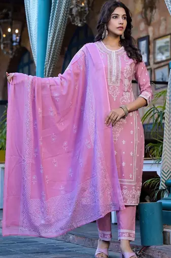 Floral Printed Regular Miirror Work Pure Cotton Kurta With Trouser & Dupatta