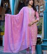 Floral Printed Regular Miirror Work Pure Cotton Kurta With Trouser & Dupatta
