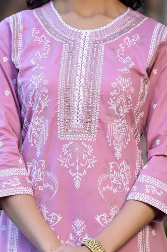 Floral Printed Regular Miirror Work Pure Cotton Kurta With Trouser & Dupatta