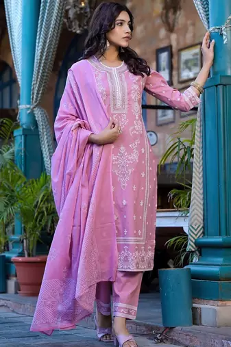 Floral Printed Regular Miirror Work Pure Cotton Kurta With Trouser & Dupatta
