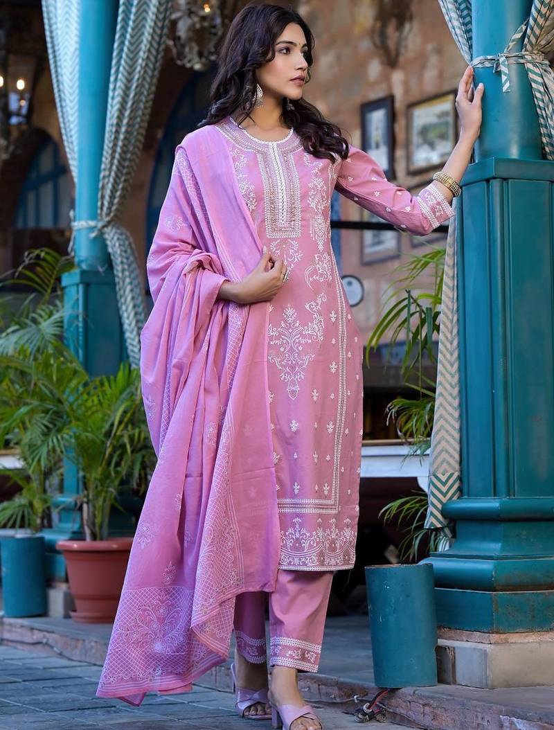 Floral Printed Regular Miirror Work Pure Cotton Kurta With Trouser & Dupatta