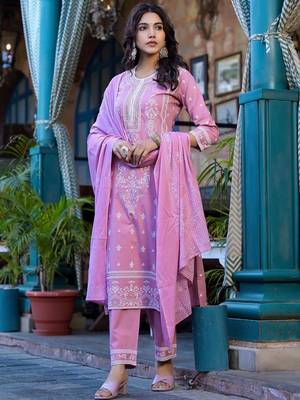 Floral Printed Regular Miirror Work Pure Cotton Kurta With Trouser & Dupatta 4