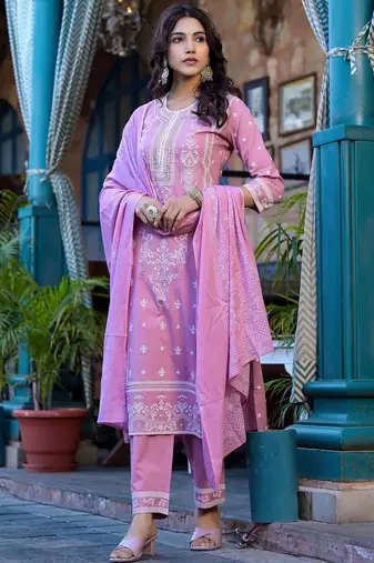 Floral Printed Regular Miirror Work Pure Cotton Kurta With Trouser & Dupatta