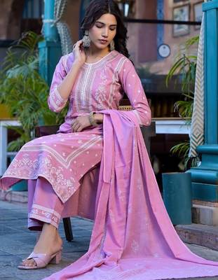 Floral Printed Regular Miirror Work Pure Cotton Kurta With Trouser & Dupatta 6