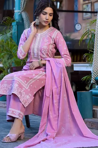 Floral Printed Regular Miirror Work Pure Cotton Kurta With Trouser & Dupatta