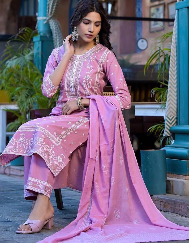 Floral Printed Regular Miirror Work Pure Cotton Kurta With Trouser & Dupatta