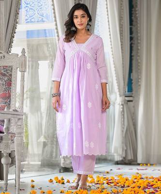 Women Floral Embroidered Empire Thread Work Pure Cotton Kurta with Trousers & With Dupatta 1