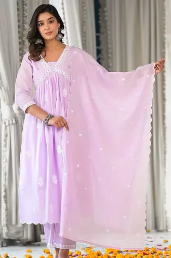 Women Floral Embroidered Empire Thread Work Pure Cotton Kurta with Trousers & With Dupatta