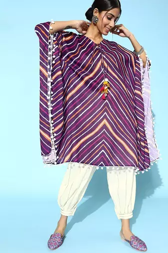 Women Striped Tie-Up Neck Pure Cotton Kurta with Trousers