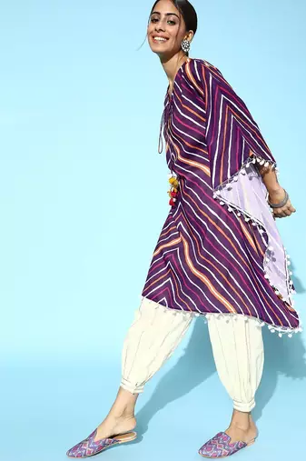 Women Striped Tie-Up Neck Pure Cotton Kurta with Trousers