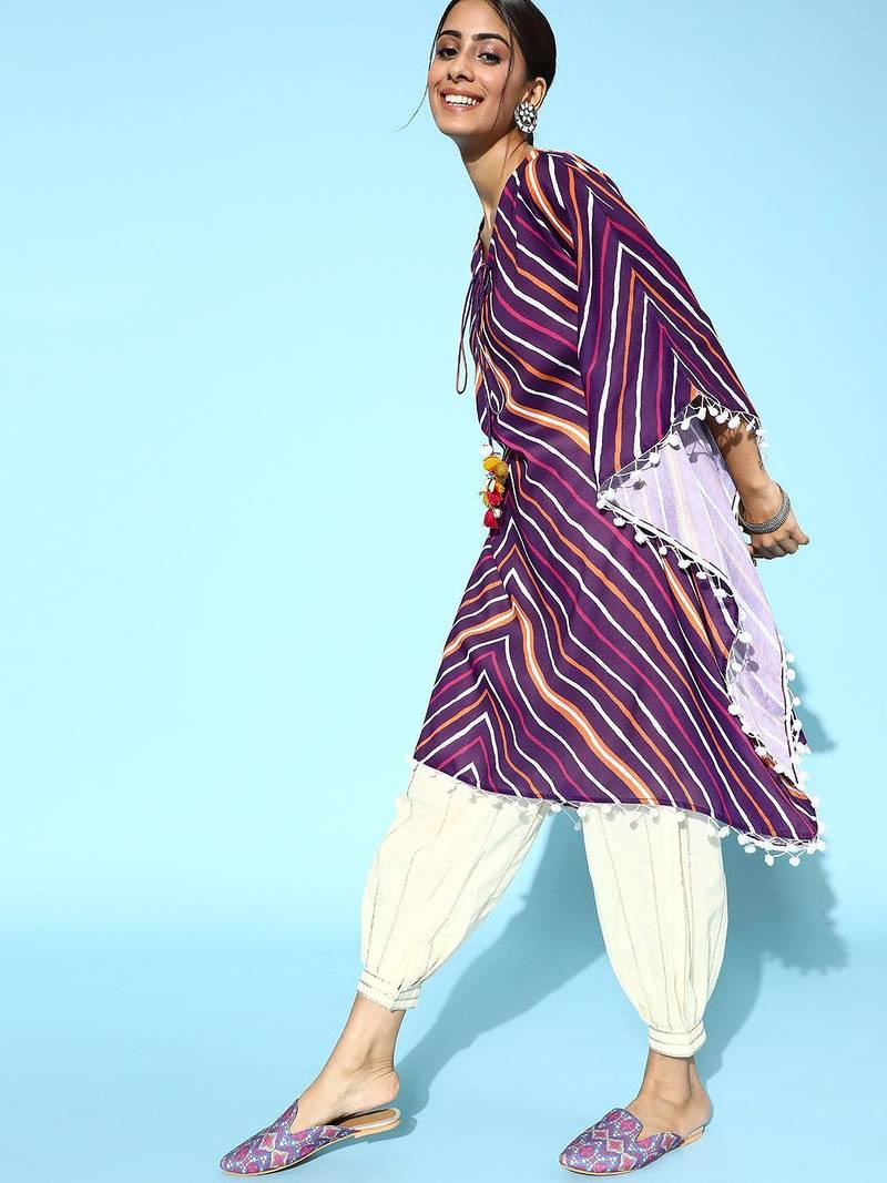 Women Striped Tie-Up Neck Pure Cotton Kurta with Trousers