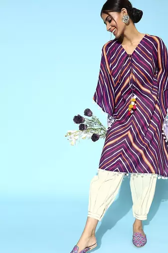 Women Striped Tie-Up Neck Pure Cotton Kurta with Trousers