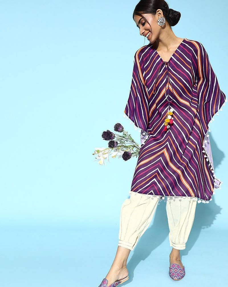 Women Striped Tie-Up Neck Pure Cotton Kurta with Trousers