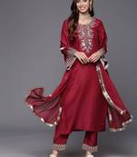 Floral Embroidered Zari Kurta with Trousers & Dupatta