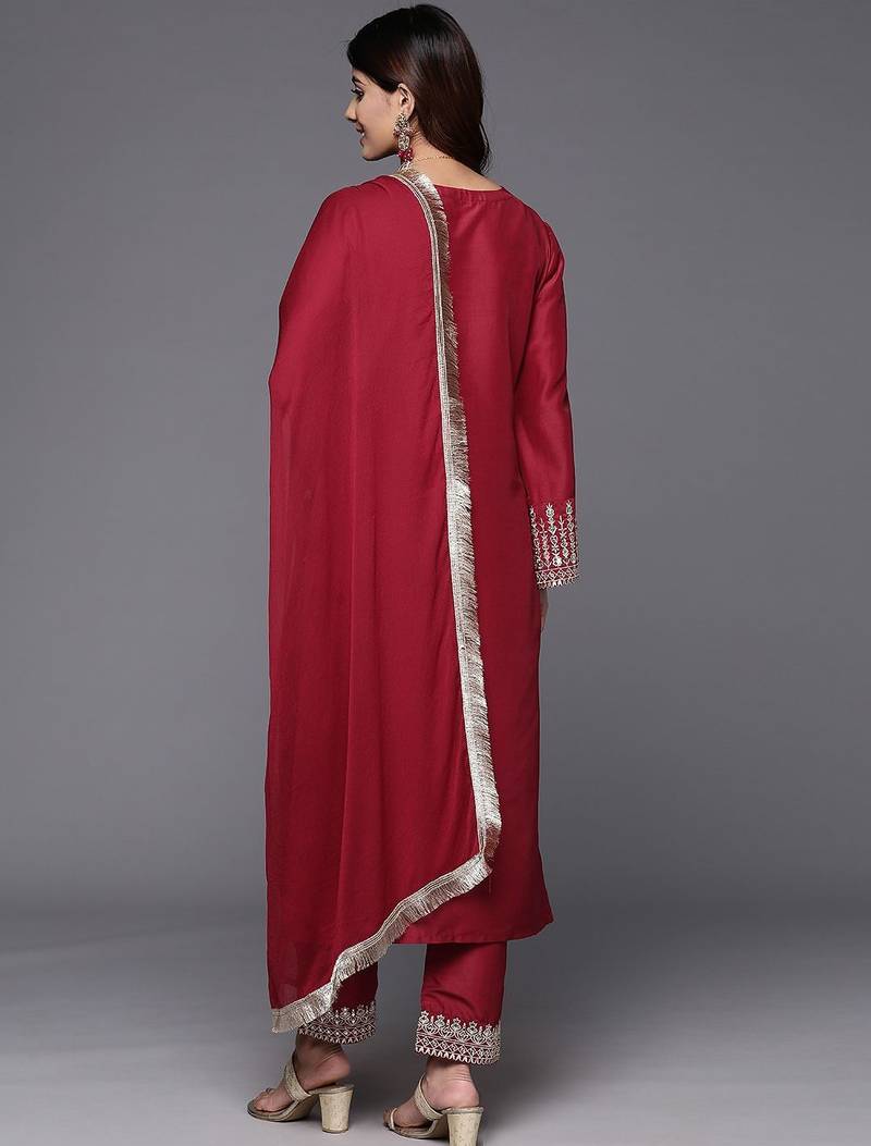 Floral Embroidered Zari Kurta with Trousers & Dupatta