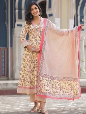 Floral Printed Pure Cotton Empire Anarkali Kurta With Trouser & Dupatta 1
