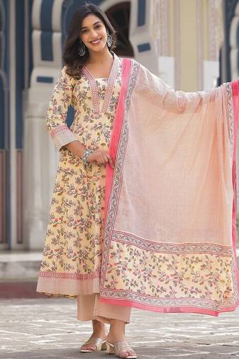 Floral Printed Pure Cotton Empire Anarkali Kurta With Trouser & Dupatta