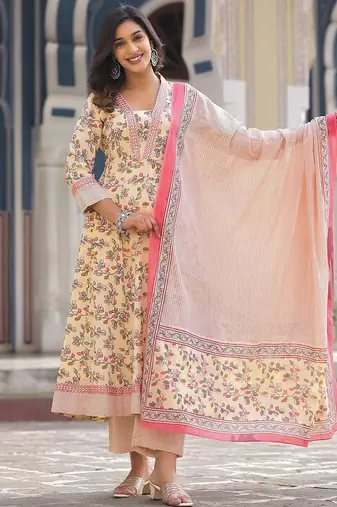 Floral Printed Pure Cotton Empire Anarkali Kurta With Trouser & Dupatta