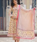 Floral Printed Pure Cotton Empire Anarkali Kurta With Trouser & Dupatta